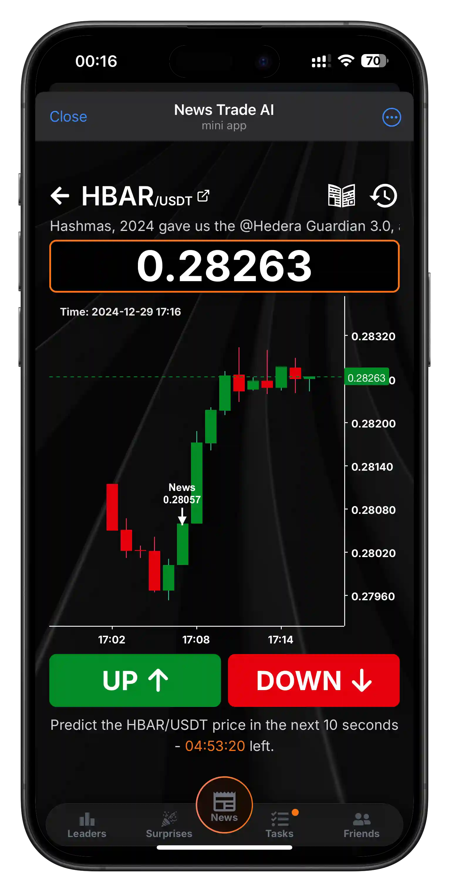 Mobile screenshot of News Trade AI live charts with up-down buttons