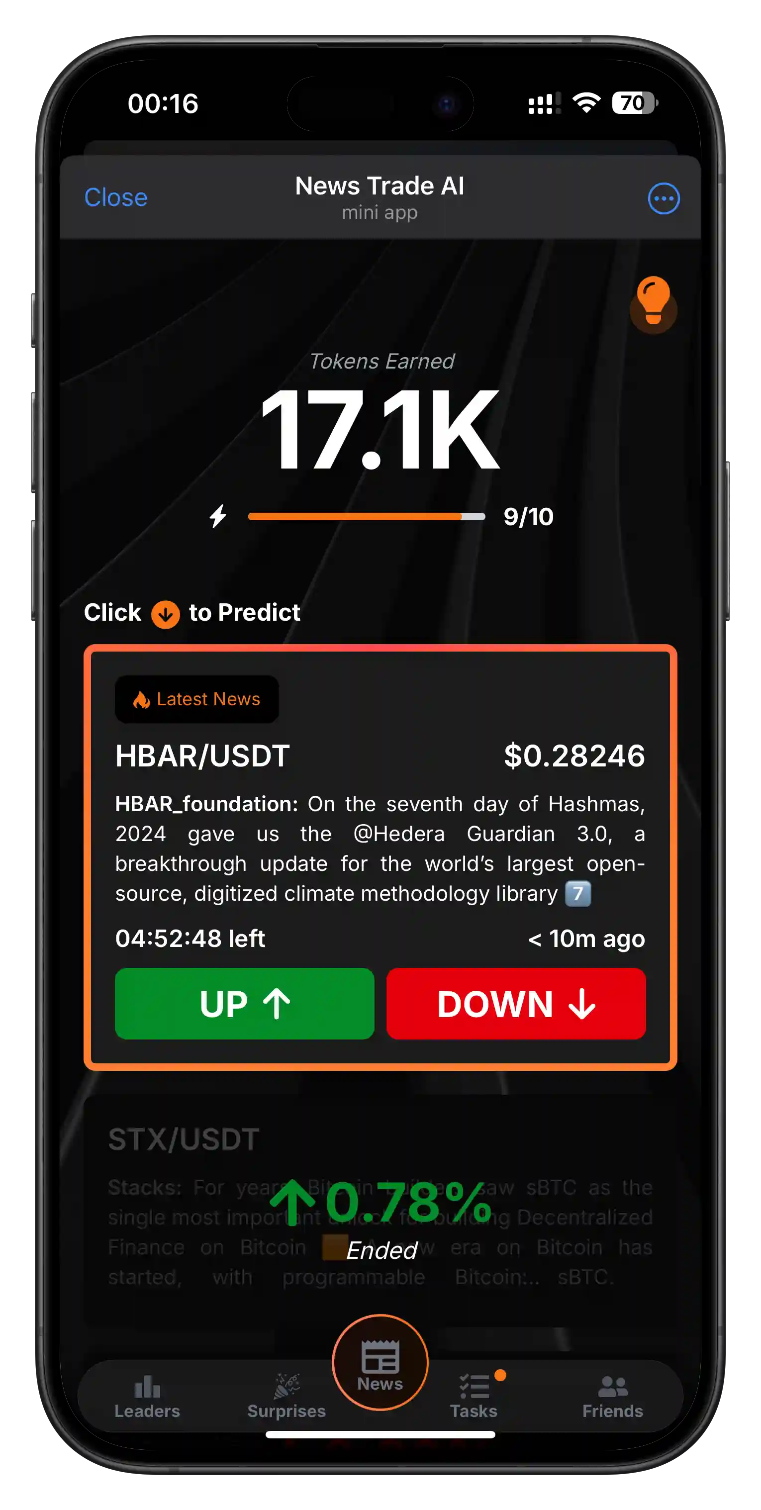 Mobile screenshot of News Trade AI dashboard with various trading metrics and news feed